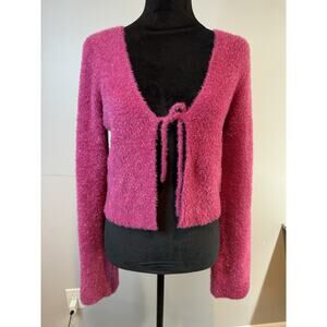 Happily Grey Pink Fuzzy Sweater Tie Front Sz M NWT